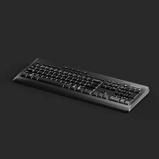 Detailed 3D model of a modern PC keyboard, compatible with Blender 3D, isolated on a dark background.