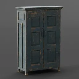 "Vintage handmade blue wardrobe 3D model with hand painted textures, inspired by Charles Le Brun and Archibald Standish Hartrick, available in FBX format. Finely detailed with a weathered olive skin, perfect for adding character to any scene."
