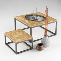 Detailed 3D model showcasing a modern wooden coffee table with decorative vases and candles, compatible with Blender.