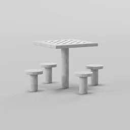 "Chess park: A 3D model for Blender 3D featuring a concrete chess set, including four stools and a table, perfect for outdoor dining. Rendered in gongbi style, this visually appealing 64x64 model showcases the elegance of white concrete. Enhance your scene with this lifelike and versatile asset."