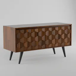 3D-rendered wooden console table with intricate geometric design for Blender modeling and visualization.