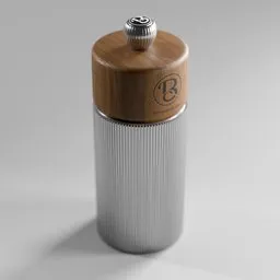 Detailed 3D model of a stylish wooden pepper grinder for Blender rendering and animation.