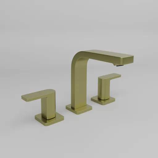 Modern gold-tone 3D rendered Blender model of a widespread sink faucet set with sleek design.