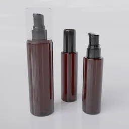 "Decorative plastic bottle set for Blender 3D - featuring three amber bottles with various liquids such as hair spray, nootropic stimulant, and snake oil. Realistic 3D rendering with maroon mist and dark oil inside. Perfect for art projects."