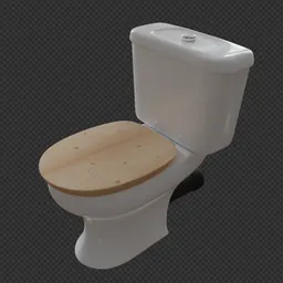 "Standard UK Toilet 3D model with budget button flush and wooden lid, optimized for Blender 3D software. Photorealistic and detailed design suitable for videogame assets and visualizations."
