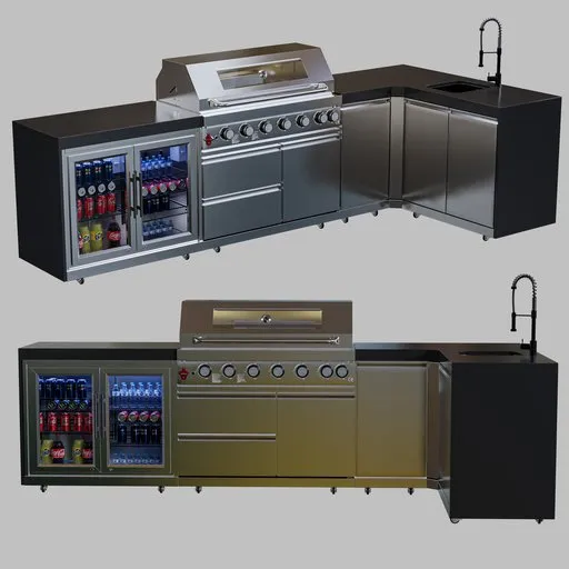 Detailed 3D model of outdoor kitchen with grill, sink, and fridge, designed in Blender, perfect for garden villa visualization.