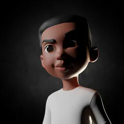 "Ali, a realistic 3D model depicting a cartoon character of a young African American boy with black hair and a white shirt, featured as a hero character in an animated short film. This Blender 3D model showcases a frontal portrait on a dark background, capturing the essence of a young prince-like persona, reminiscent of Nipsey Hussle. Perfect for creating vibrant and engaging children's toy designs or hardsurface modeling projects."