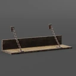 "Render of high-quality prison bed 3D model in Blender 3D, featuring wooden shelf with chains and steel choker. Perfect for prison scene prop design and figurine models at 28mm scale."