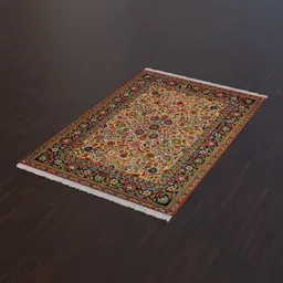 "Tabriz Persian carpet 3D model created in Blender featuring traditional Russian motifs and inspired by Hovsep Pushman's art. Rendered in Unreal Engine and available in FBX format. Particle system quantity can be customized for increased efficiency."