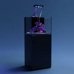 "Reef Tank: A vibrant 25-gallon nano reef tank with a purple fish swimming amidst beautifully lit surroundings. This stunning 3D model, created using Blender 3D software, captures the essence of an artful underwater scape. From accent lighting to glowing OLED visor, this trending artwork combines technology and aesthetics seamlessly."