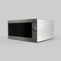 "3D model of a Panasonic NN SD765S microwave for Blender 3D. The sleek silver design features a black screen and minimalist lines, modeled with precisionist detail and brass and steam technology. Ideal for kitchen appliance visualizations in 3D."