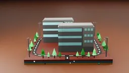 Lowpoly 3D model of a modular commercial building with surrounding road and trees, optimized for Blender.