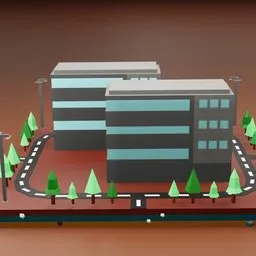 "Corporate style commercial building with two parts on separate sides of a window, perfect for Blender 3D. The design features trees, a street light, and infrastructure inspired by Ai-Mitsu's flat design. Ideal for animations and eco-punk themed projects."