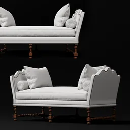 "Rustic Avignon Bench 3D Model for Blender 3D Interior Visualizations by Designer Alfonso Marina. Victorian England inspired, highly detailed with pinned joints, white couch with pillows and crowned rounded forms."