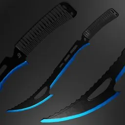 Intricately engraved sleek black Dark Sword 3D model with blue edge highlights, 8K texture detail.