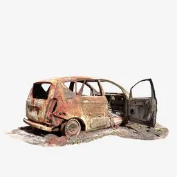Detailed 3D model of a rusty, burnt-out car showcasing photorealistic textures, suitable for Blender rendering.