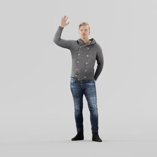 Guy in a sweater waves his hand