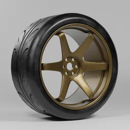 "Wheel Rim TE37 with realistic tire tread, a gold rim on a gray background. This 3D model rendered at 0.8 with bumped three-dimensional features and modified by Ernő Rubik, is perfect for Blender 3D enthusiasts and those in search of high-quality vehicle parts."
