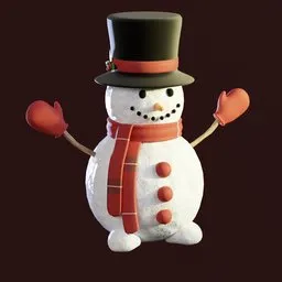 3D Blender model of a festive snowman with hat and scarf, optimized for animation and Christmas scenes.