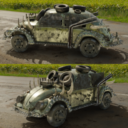 Detailed apocalyptic car 3D model with textured body and interior, optimized for Blender, showcasing post-apocalyptic design.