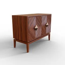 "Game-ready modern wooden commode with unique diamond design, suitable for Blender 3D. This high-quality 3D model is perfect for adding a touch of Mad Men style to your virtual space. Official product image available on Luca store website, with a textured base and eagle beak inspiration."