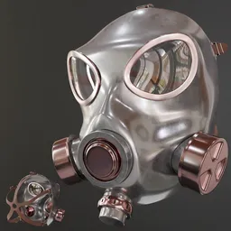 Detailed 3D model of a gas mask with high-quality metallic textures, suitable for war game designs.
