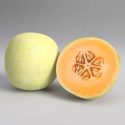 Detailed 3D Blender model of whole and sliced melon with textures.