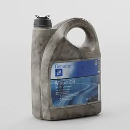Realistic 3D rendering of a dirty motor oil canister, designed for Blender, suitable for industrial simulation.