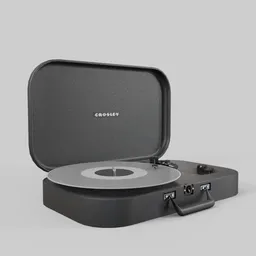 "Close-up of a Crosley Disc Player, an audio device from the popular Crosley Brand. This 3D model, created using Blender 3D software, features a record player with a case on top, modern headphones, and a black and white logo. Inspired by the works of Georg Friedrich Schmidt and Sándor Brodszky, it captures a minimalistic design with godray effects and includes unique features. Perfect for Blender 3D enthusiasts searching for a detailed 3D model of a Crosley Disc Player."