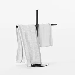 "Free standing towel rack for bathroom - Blender 3D model. Holds two towels and features a sleek design. Perfect for a minimalist bathroom setup."