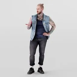 Realistic 3D model of a tattooed young man with blond hair in denim attire and sneakers, posed mid-gesture.
