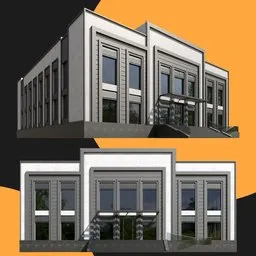 Detailed 3D model of a modern office building with large windows, created in Blender.
