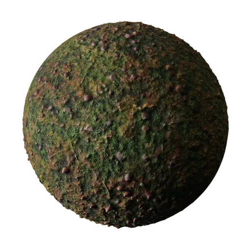 4K PBR ground material featuring mud, weeds, and mushrooms for Blender 3D, easily customizable, with minimal repetition.