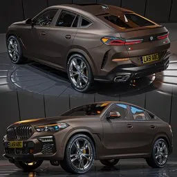 Detailed BMW X6 4WD 3D model with procedural materials, animated drift and tire smoke effects, compatible with Blender 3D.
