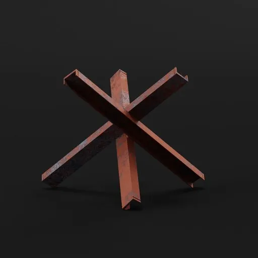 Detailed 3D render of a rusted Czech Hedgehog anti-tank obstacle optimized for Blender.