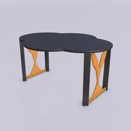 "Cloudy Table: A realistic 3D model for Blender 3D depicting a black tabletop with orange legs. This decorative plastic table features a parametric structure, showcasing a golden curve and a unique post design. Perfect for adding a touch of elegance to your virtual scenes."