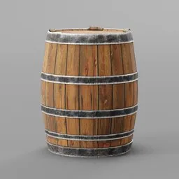 Highly detailed Blender 3D model of a weathered wooden barrel with metal bands, suitable for industrial scenes in video games.