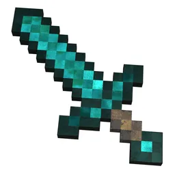 Pixelated 3D model of a diamond sword with a realistic texture suitable for Blender rendering.