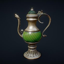 "Flagon 3D model - A stunning silver and green vase with a green lid, created in Blender 3D. This photorealistic artwork showcases intricate filigree details and features photorealistic colors, making it a perfect addition for artists using Blender 3D. The art piece evokes a sense of luxury with its clean borders and represents the sacred cup of understanding."