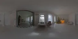 360-degree HDR image of a cozy home interior with Christmas decorations and natural lighting.