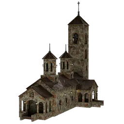 Detailed 3D Blender model of an old stone temple with bell tower, textured for historical settings.