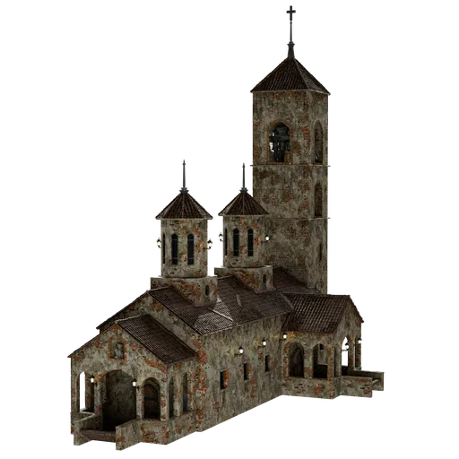 Detailed 3D Blender model of an old stone temple with bell tower, textured for historical settings.