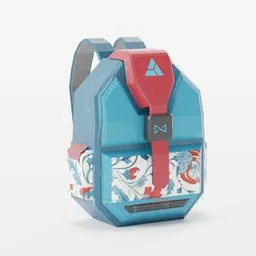 Low Poly Sci-fi Backpack 3D model with blue and red accents, designed for Blender use in games and scenes.