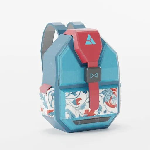 Low Poly Sci-fi Backpack 3D model with blue and red accents, designed for Blender use in games and scenes.