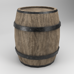 "Low poly 3D model of a rustic wooden barrel with a metal band, inspired by Jacques Callot. Perfect for restaurant or bar scenes. Rigged with tribarrel and accompanying flasks."