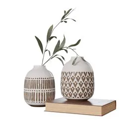"Rustic vase with olive leaves and book for 3D model in Blender 3D - ideal for room decoration compositions. Featuring geometric design, polished finish, and interconnections, this tribal-style model adds a touch of elegance and nature-inspired beauty to your virtual spaces. Created by Mary Anne Ansley, this minimalistic rendered image showcases wicker art and a harmonious blend of taupe and white hues."