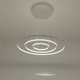 3D Blender model of modern adjustable triple-ring pendant ceiling lamp with dynamic cables.