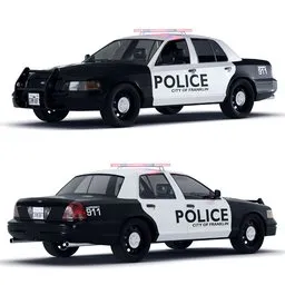 Detailed 3D model of rigged police interceptor for Blender animation, with procedural materials, front and rear views.