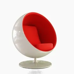 Detailed 3D model of a modern spherical white and red lounge chair for Blender rendering.