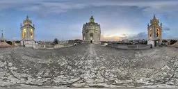 360° HDR panorama of a church rooftop at dusk with ambient light for realistic scene illumination.